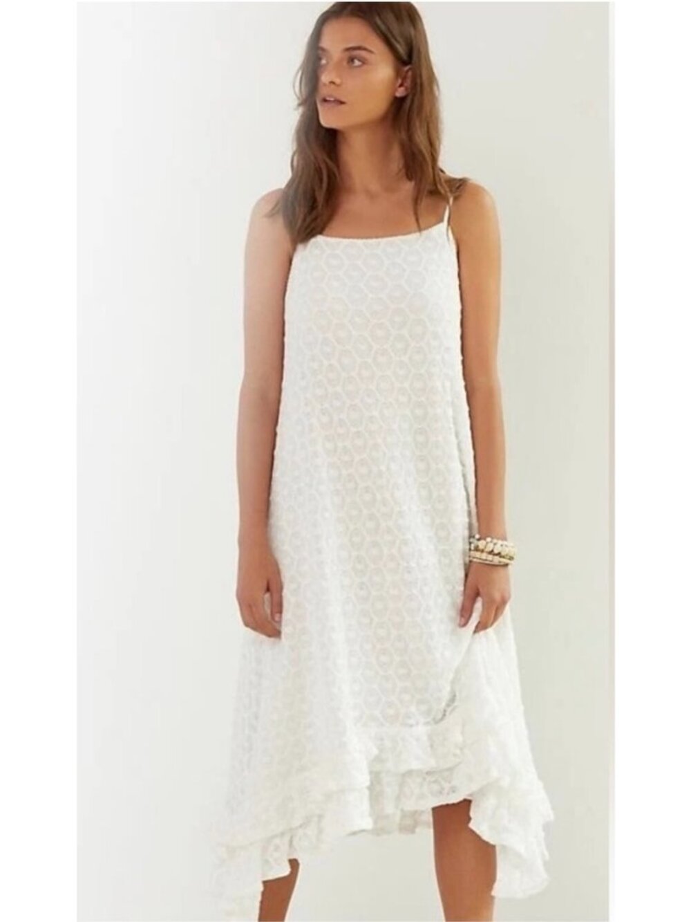 Anthropologie White Lace Sleeveless Midi Dress With Ruffle Hem Size M Womens